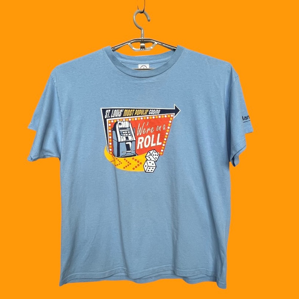 Y2K St. Louis Casino Graphic T-Shirt Men Sky Blue Size XL